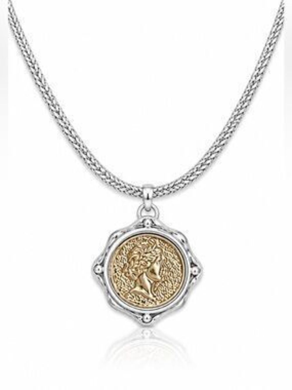 Silver-Tone Medallion Necklace with Gold Accent